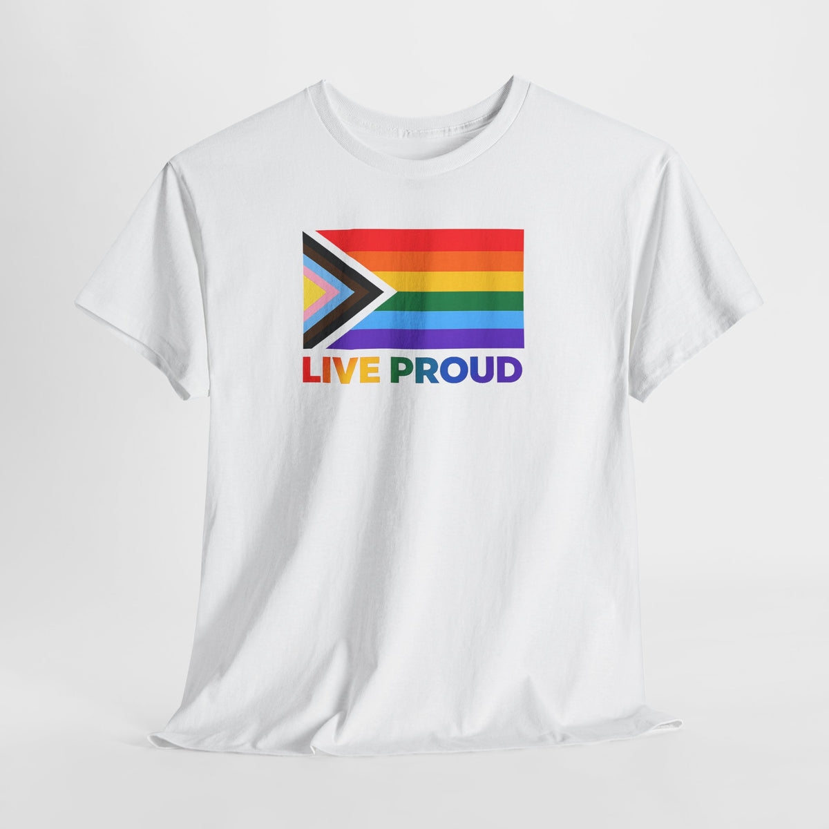 Live Proud Progress Pride Flag T-Shirt | LGBTQ+ Equality Graphic Tee