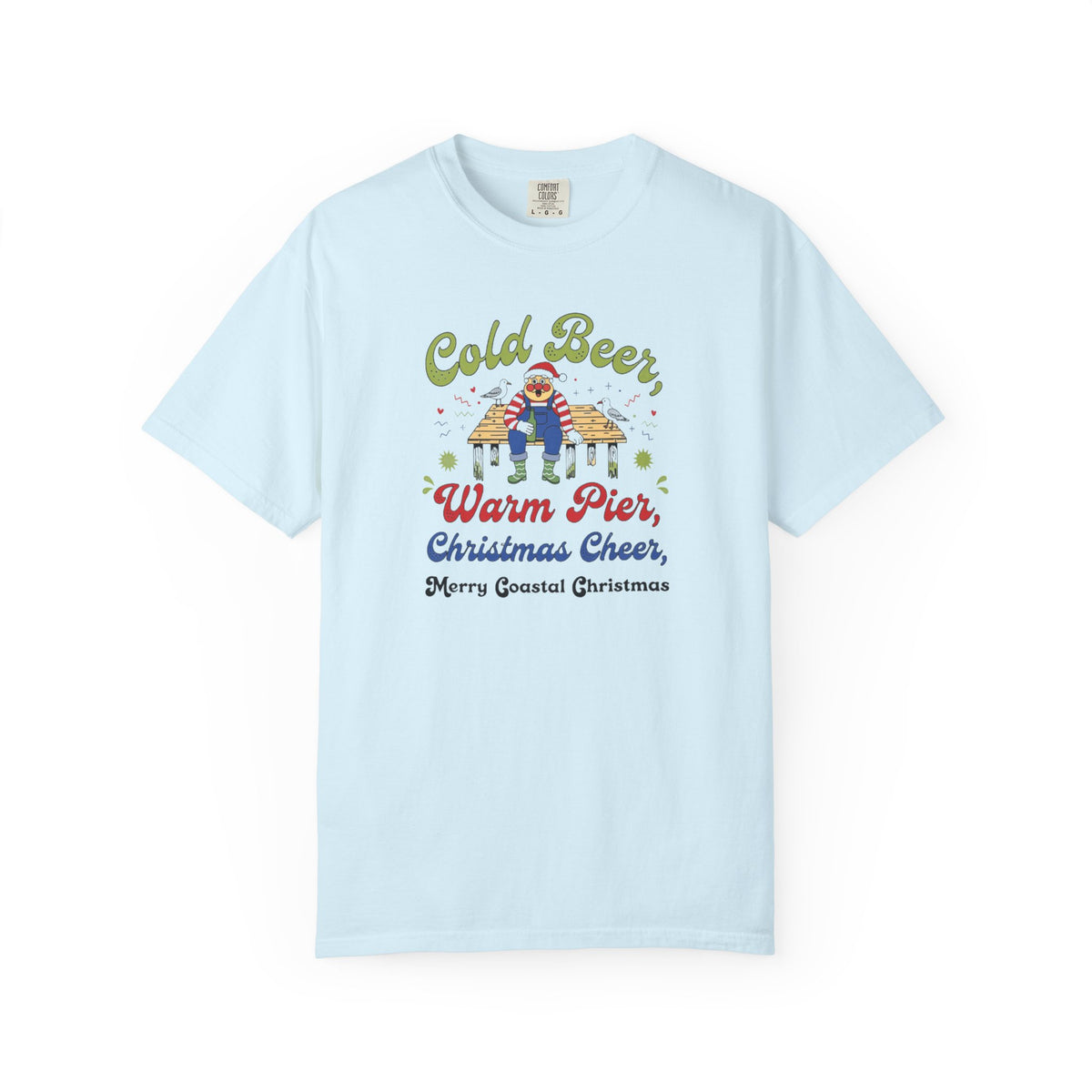 Cold Beer Warm Pier Merry Coastal Christmas T-Shirt | Santa Beach Graphic Tee