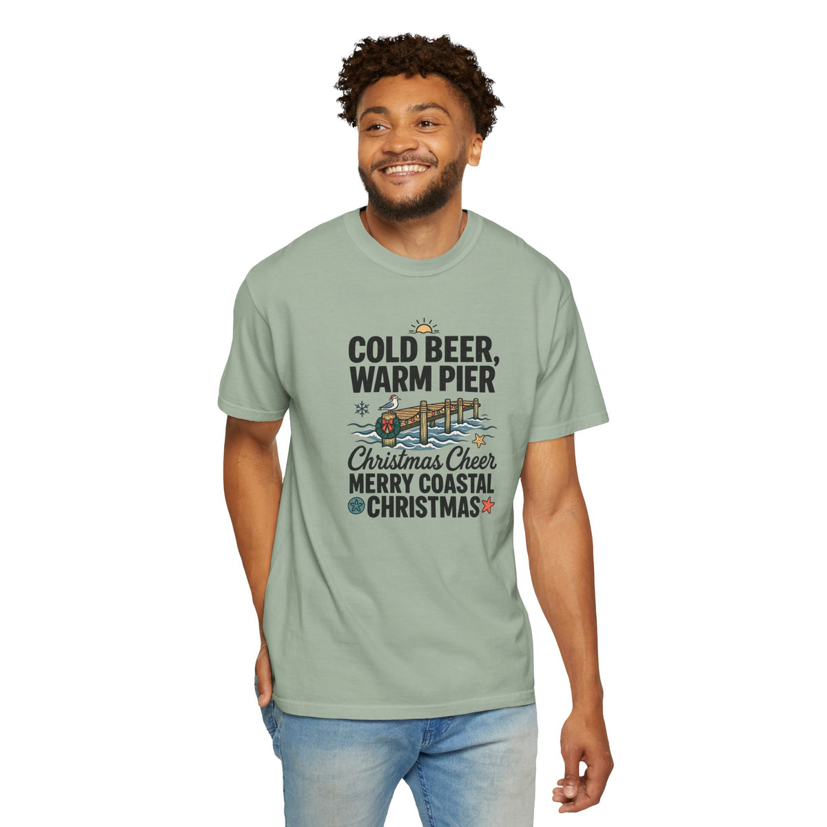 Christmas Coastal T‑Shirt — "Cold Beer, Warm Pier" Holiday Beach Tee
