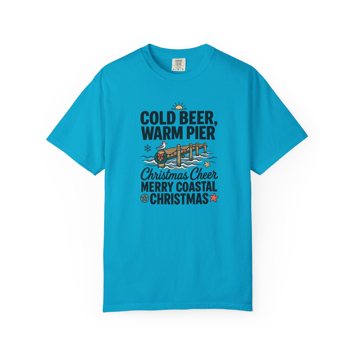 Christmas Coastal T‑Shirt — "Cold Beer, Warm Pier" Holiday Beach Tee