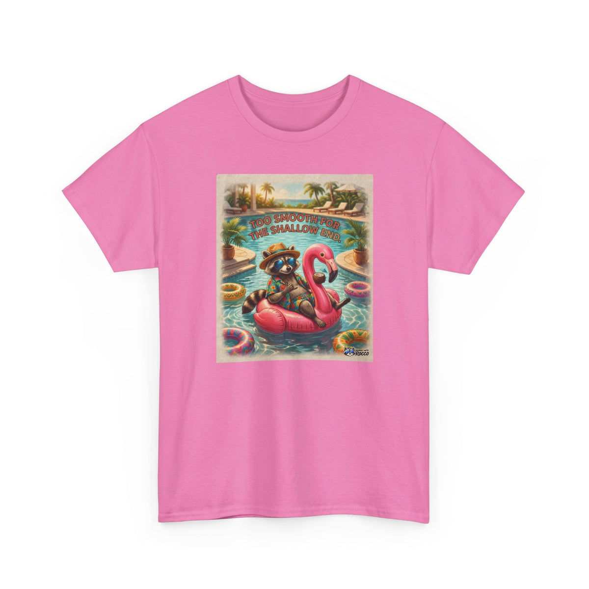 Rocco Raccoon “Too Smooth for the Shallow End” T-Shirt | Funny Summer Beach Tee | Journey with Rocco Series
