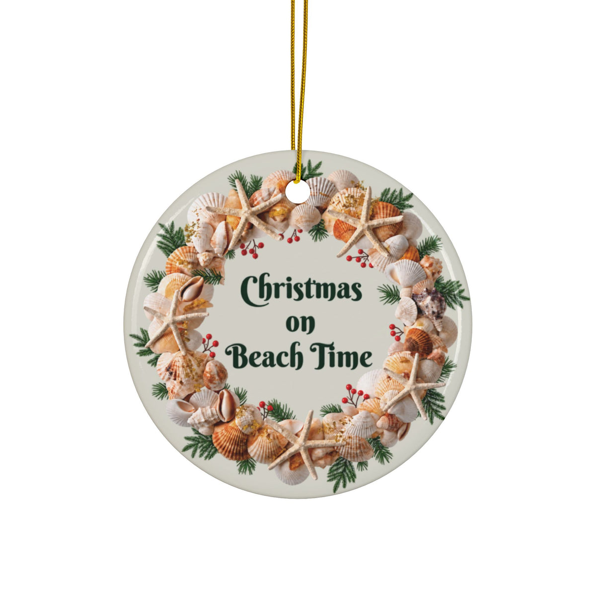 Christmas on Beach Time Seashell Wreath Ceramic Ornament | Coastal Tree Decor