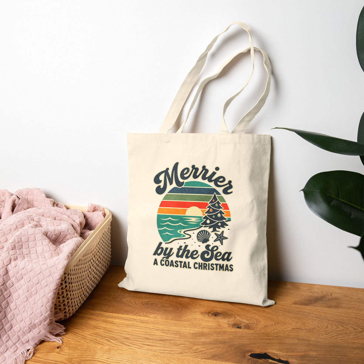 Tote Bag — "Merrier by the Sea: A Coastal Christmas" Canvas Tote 15 X 16