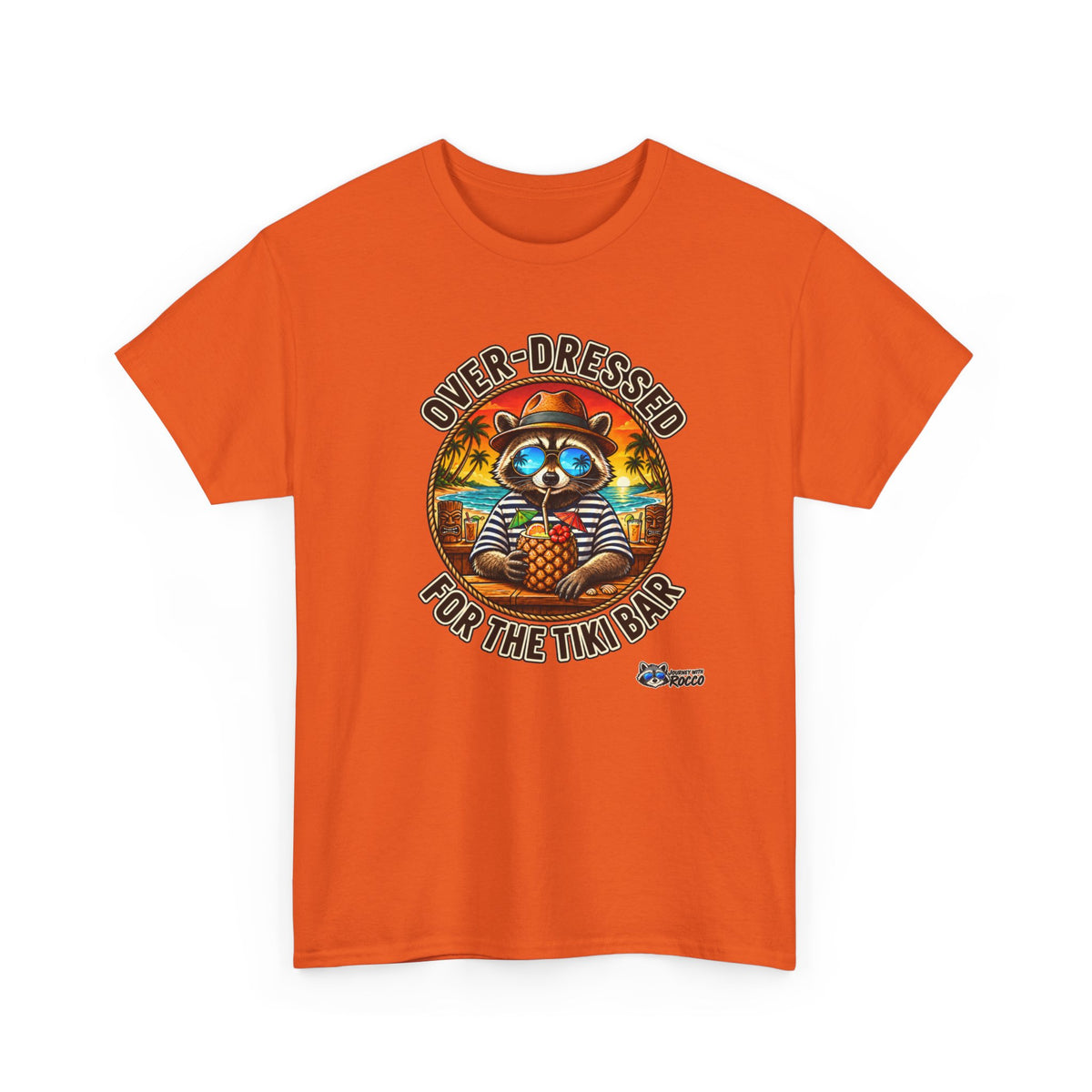 Rocco Raccoon “Over-Dressed for the Tiki Bar” T-Shirt | Retro Tropical Beach Tee | Journey with Rocco Series