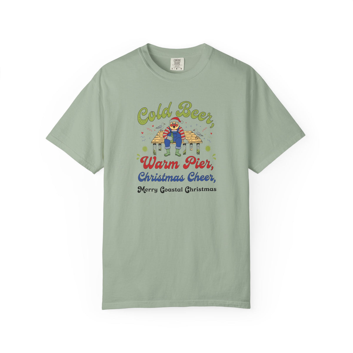 Cold Beer Warm Pier Merry Coastal Christmas T-Shirt | Santa Beach Graphic Tee