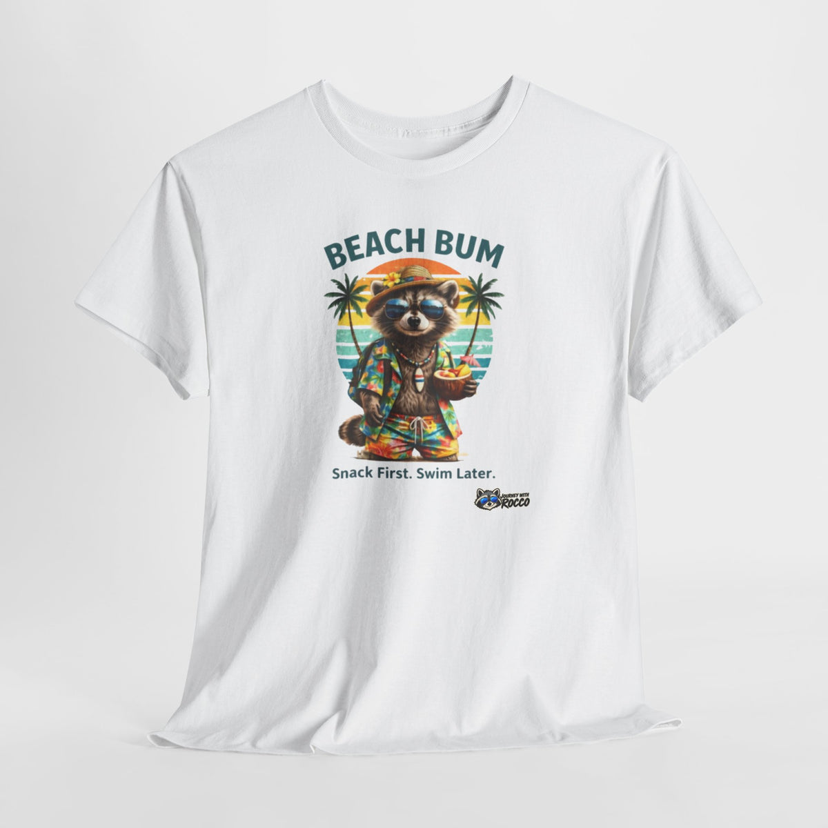 Rocco Raccoon "Beach Bum" T-Shirt | Funny Beach Humor Tee | Journey with Rocco Series