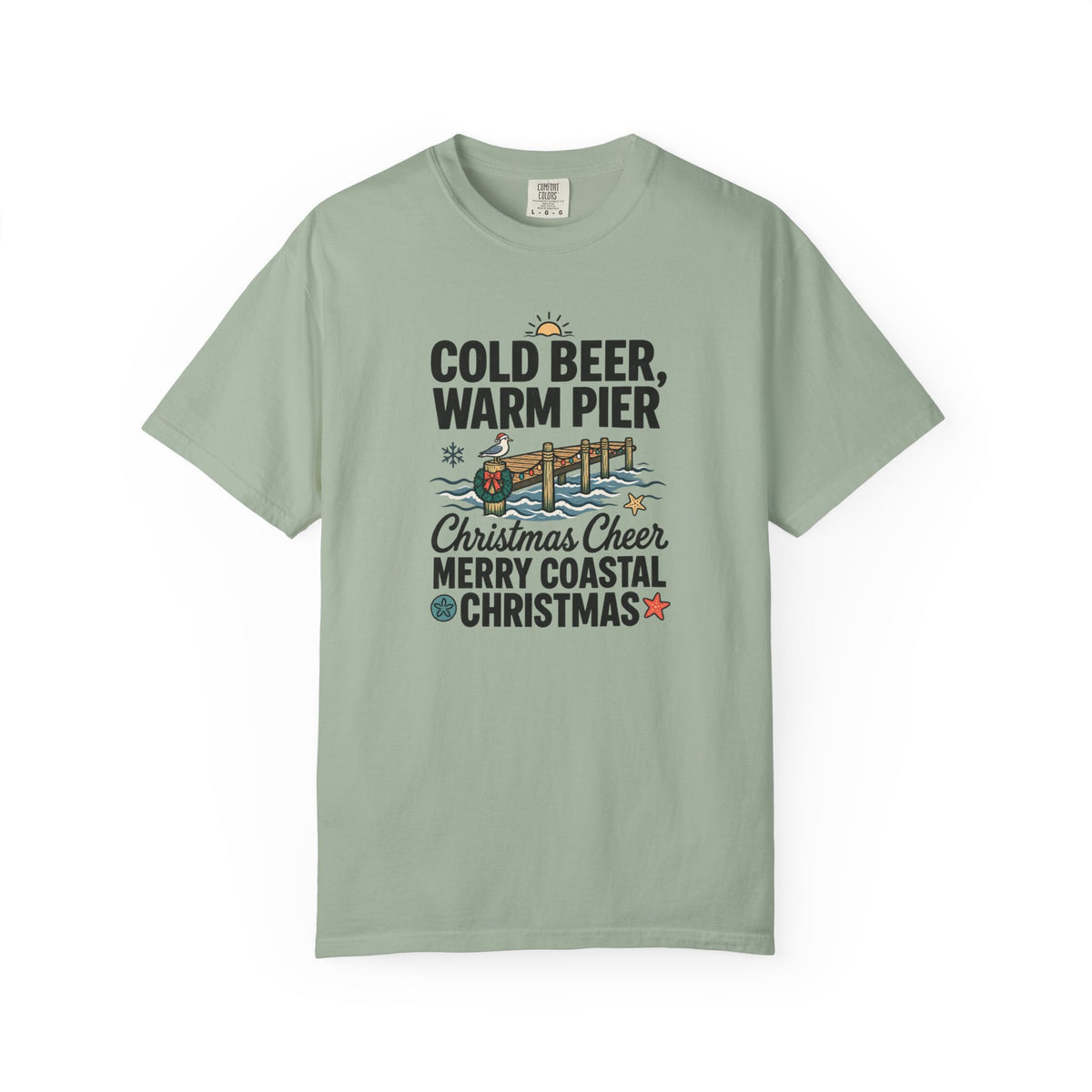 Christmas Coastal T‑Shirt — "Cold Beer, Warm Pier" Holiday Beach Tee