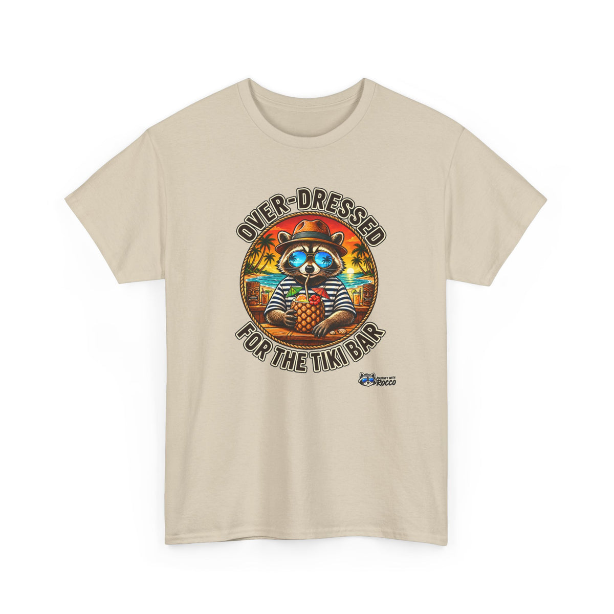 Rocco Raccoon “Over-Dressed for the Tiki Bar” T-Shirt | Retro Tropical Beach Tee | Journey with Rocco Series