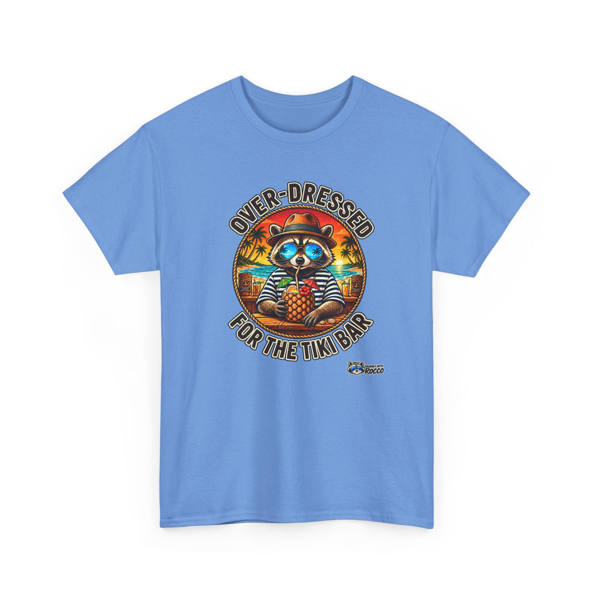 Rocco Raccoon “Over-Dressed for the Tiki Bar” T-Shirt | Retro Tropical Beach Tee | Journey with Rocco Series