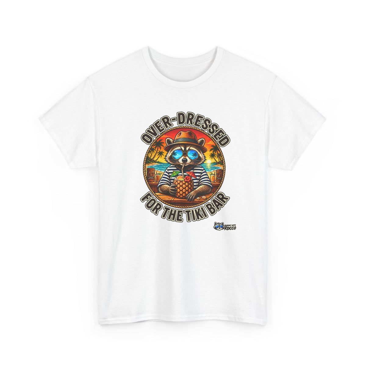 Rocco Raccoon “Over-Dressed for the Tiki Bar” T-Shirt | Retro Tropical Beach Tee | Journey with Rocco Series