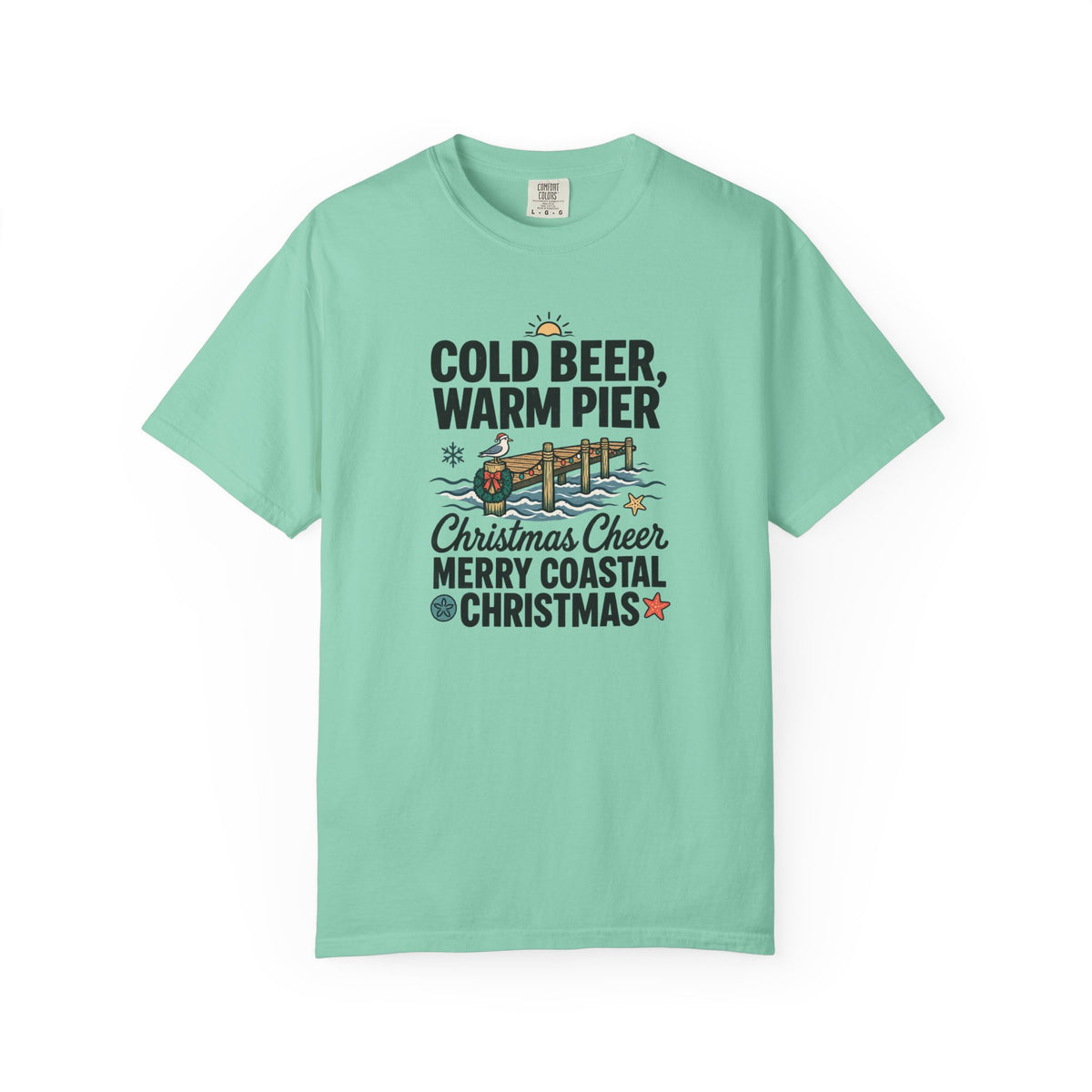 Christmas Coastal T‑Shirt — "Cold Beer, Warm Pier" Holiday Beach Tee