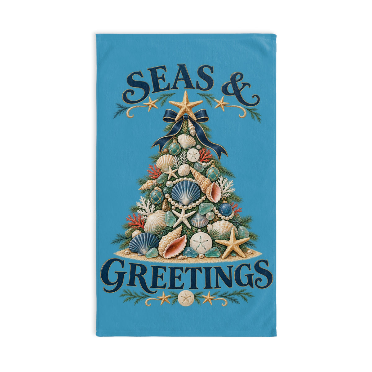 Seas and Greetings Seashell Christmas Tree Kitchen Towel | Coastal Holiday Decor