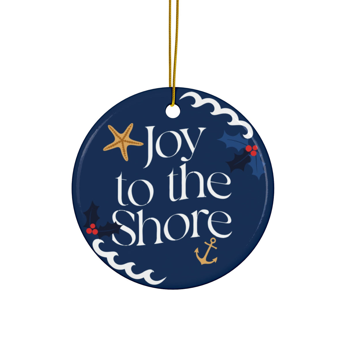 Joy to the Shore Navy Ceramic Christmas Ornament | Coastal Nautical Tree Decor