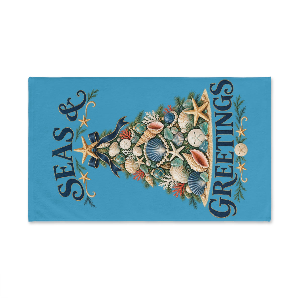Seas and Greetings Seashell Christmas Tree Kitchen Towel | Coastal Holiday Decor