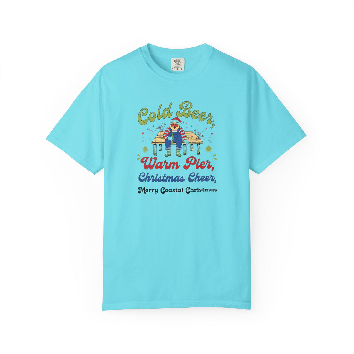 Cold Beer Warm Pier Merry Coastal Christmas T-Shirt | Santa Beach Graphic Tee