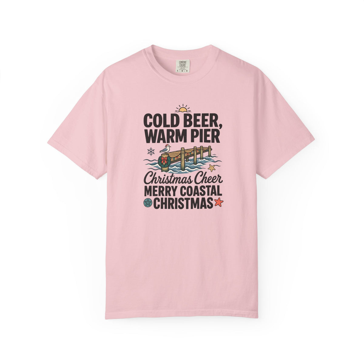 Christmas Coastal T‑Shirt — "Cold Beer, Warm Pier" Holiday Beach Tee