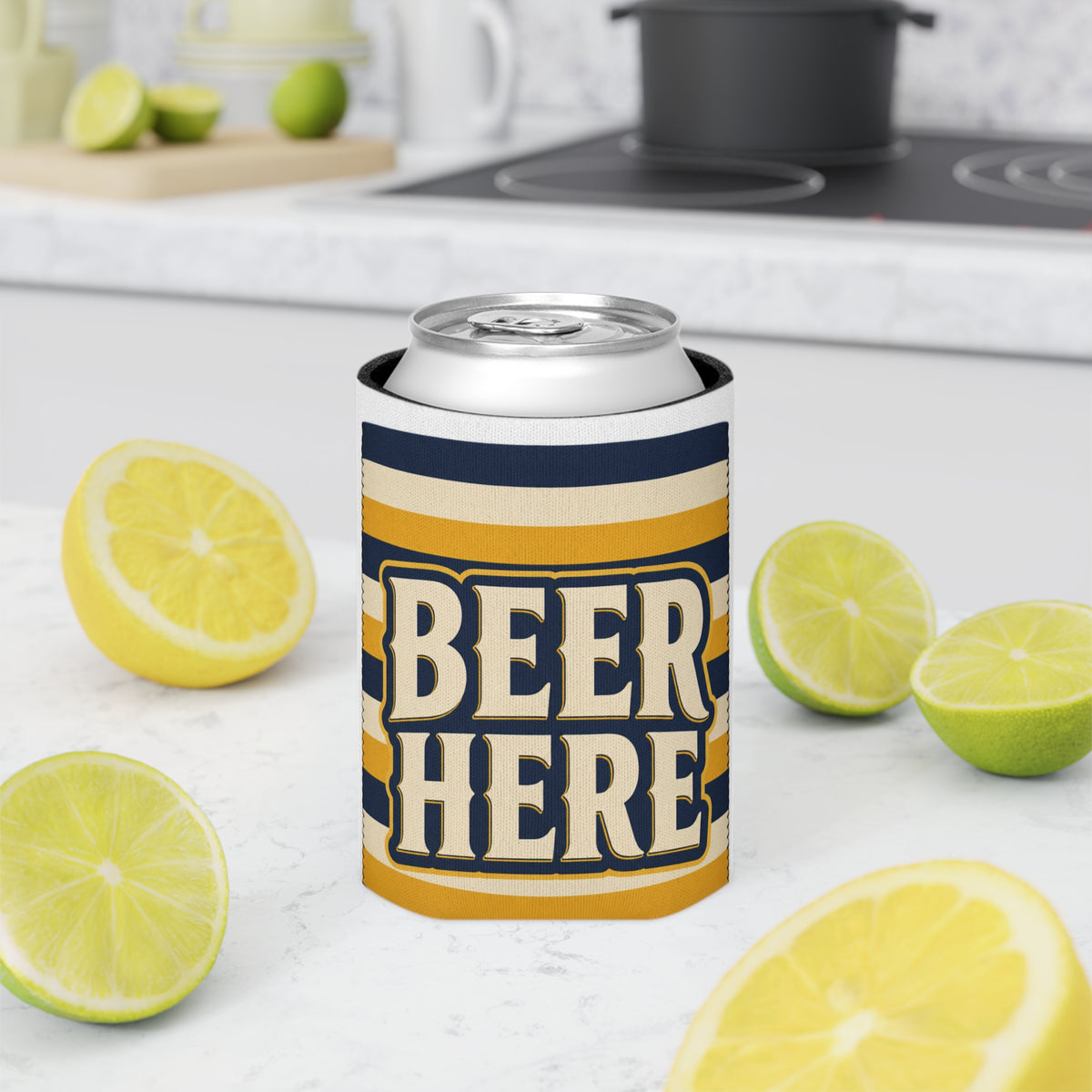 Beer Here Can Cooler | Funny Retro Beverage Can Hugger Sleeves