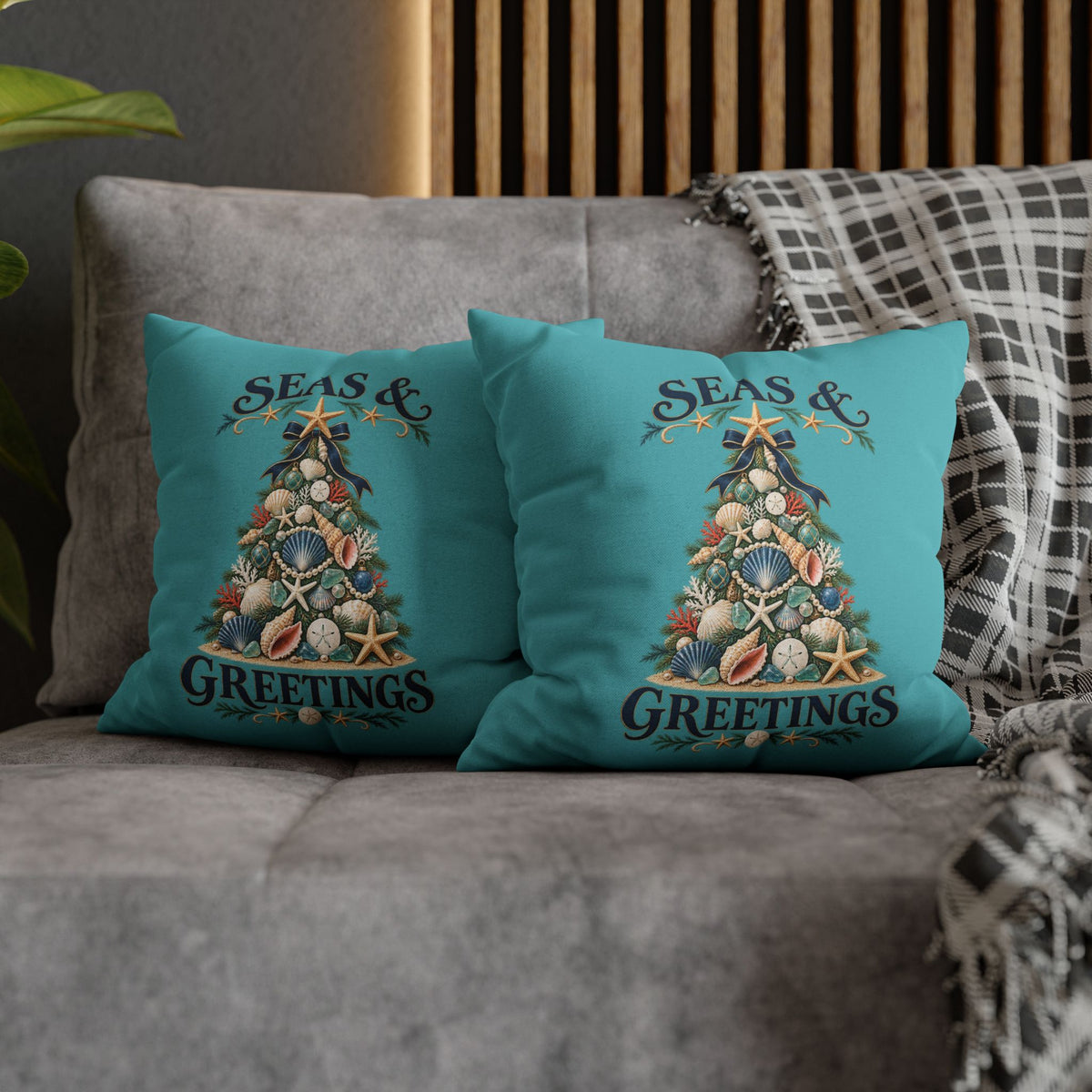 Seas and Greetings Seashell Christmas Tree Throw Pillow | Coastal Holiday Decor