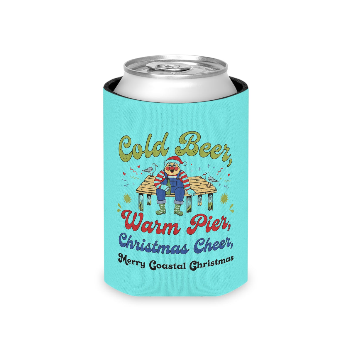 Cold Beer Warm Pier Coastal Christmas Can Cooler | Funny Beach Beer Hugger
