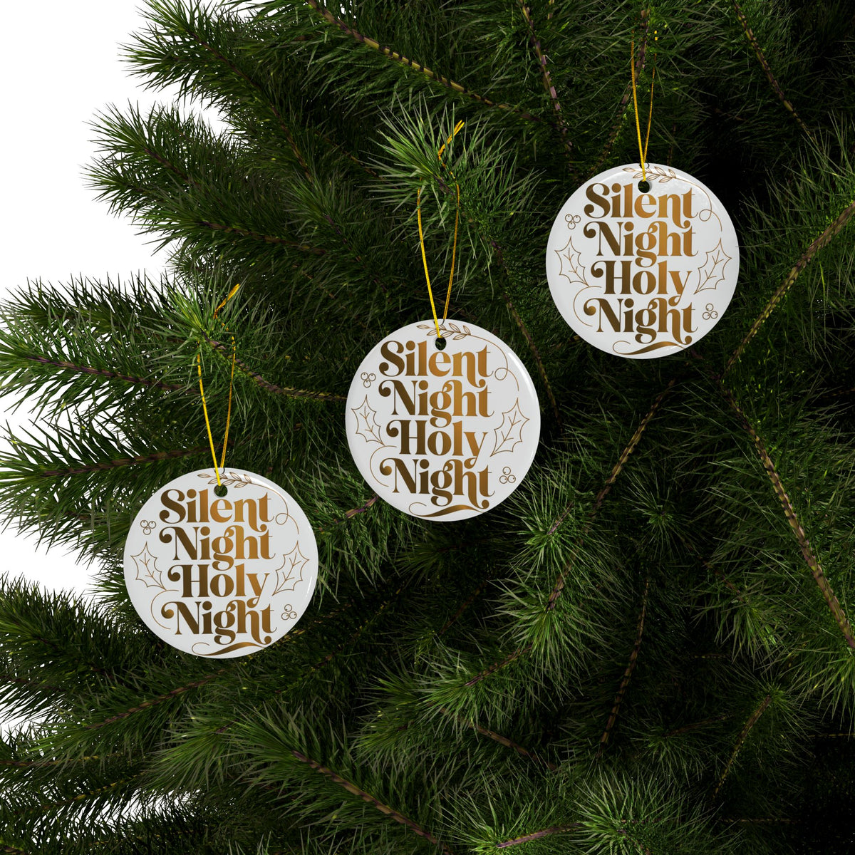 Silent Night Holy Night Ceramic Ornament | Gold Vintage Christmas Tree Decor
