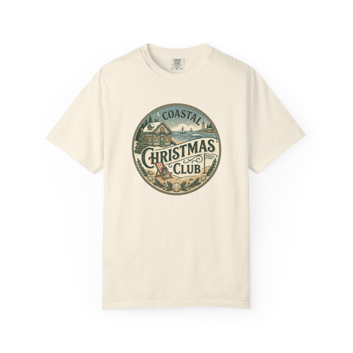 Coastal Christmas Club Vintage Badge T-Shirt | Mint Green Beach Holiday Tee