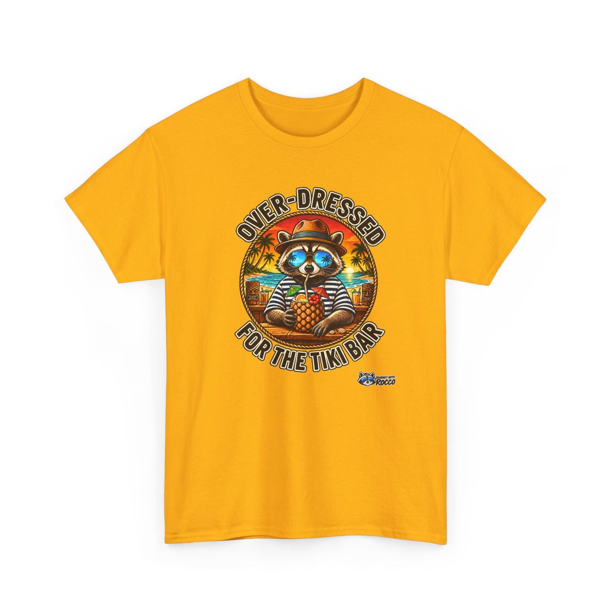 Rocco Raccoon “Over-Dressed for the Tiki Bar” T-Shirt | Retro Tropical Beach Tee | Journey with Rocco Series