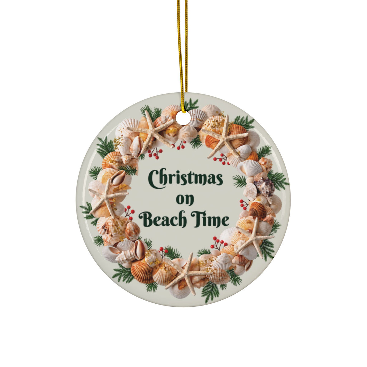 Christmas on Beach Time Seashell Wreath Ceramic Ornament | Coastal Tree Decor