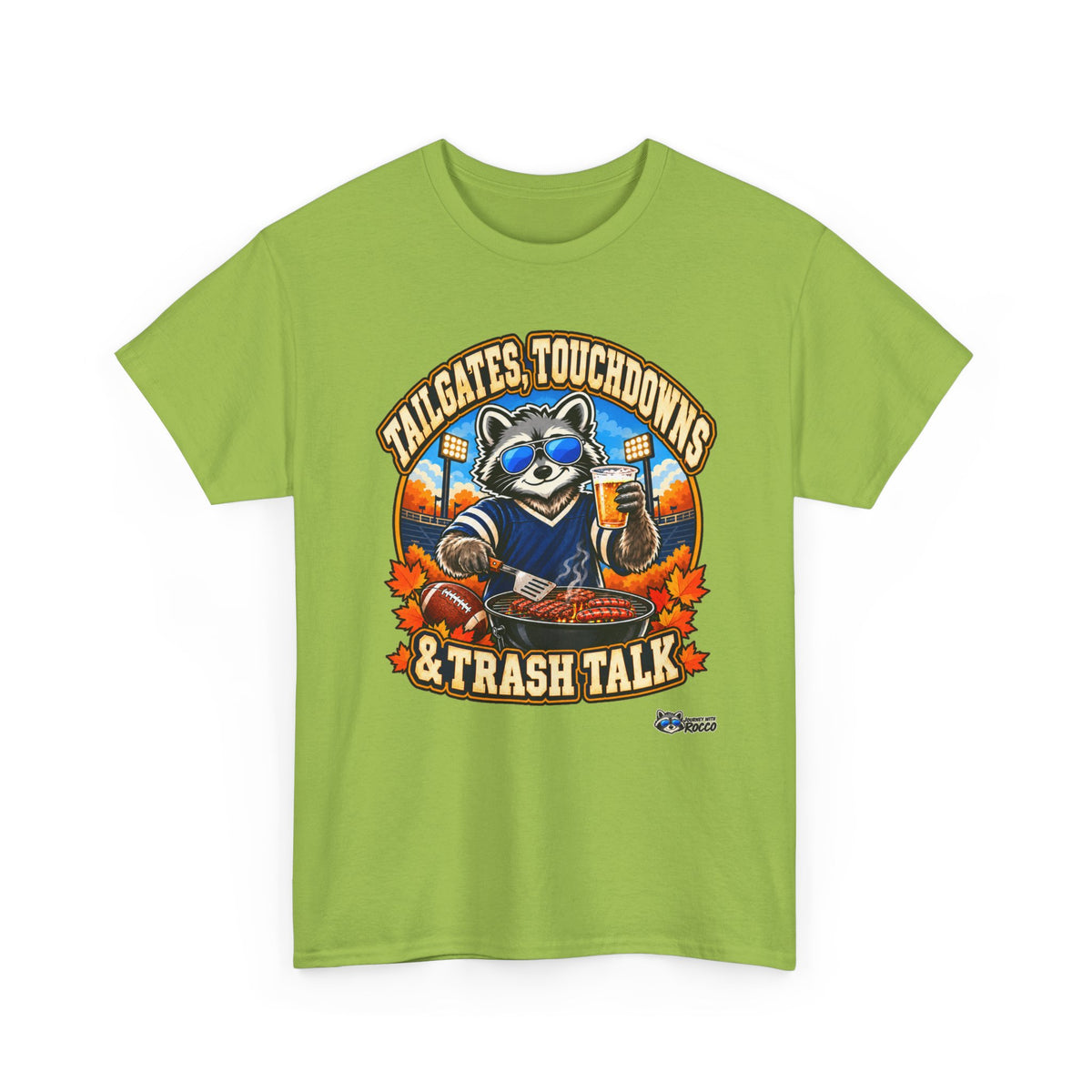Rocco Raccoon “Tailgates, Touchdowns & Trash Talk” T-Shirt | Funny Football Tailgate Tee | Journey with Rocco Series