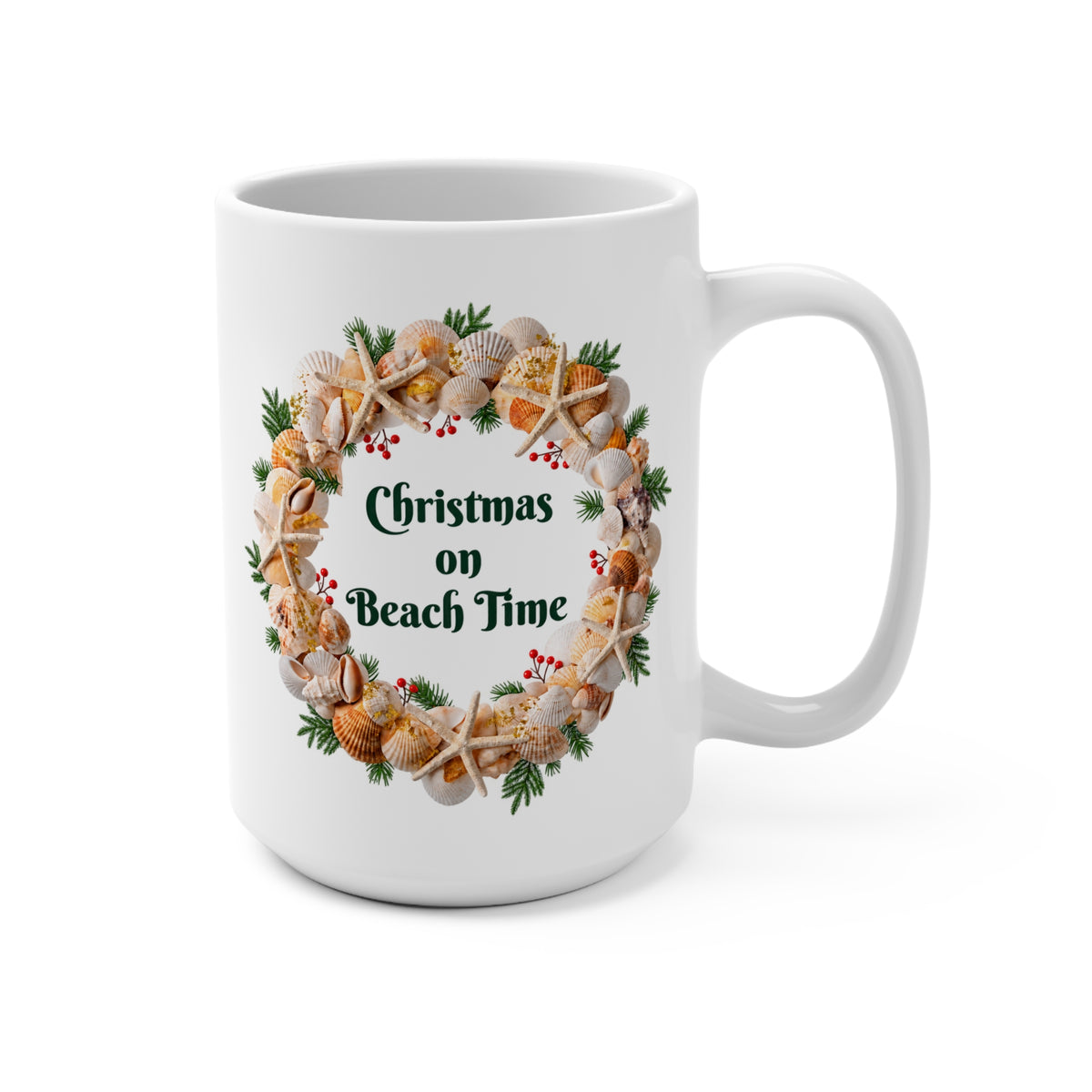 Christmas on Beach Time Seashell Wreath Mug | Coastal Holiday Coffee Cup