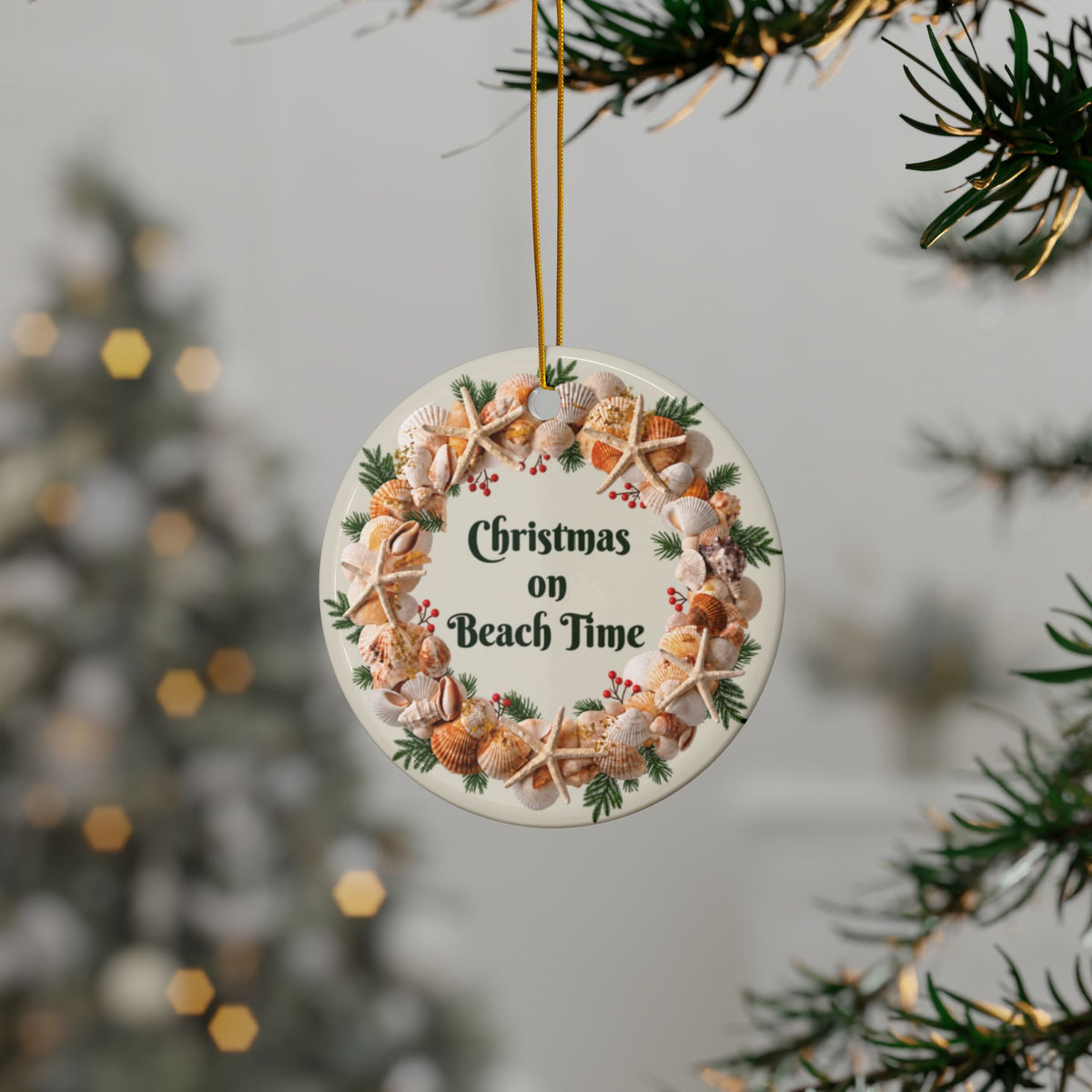 Christmas on Beach Time Seashell Wreath Ceramic Ornament | Coastal Tree Decor