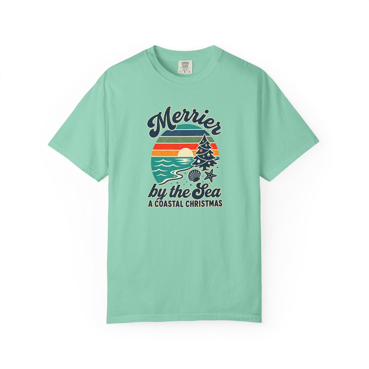 Merrier by the Sea Coastal Christmas T-Shirt | Tropical Sunset Beach Holiday Tee