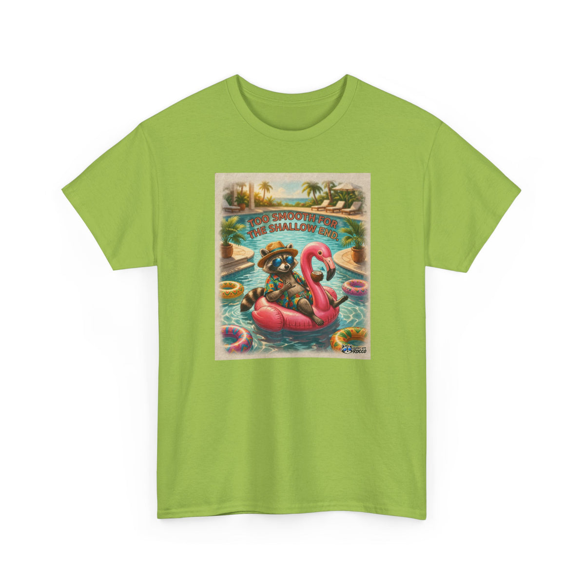 Rocco Raccoon “Too Smooth for the Shallow End” T-Shirt | Funny Summer Beach Tee | Journey with Rocco Series