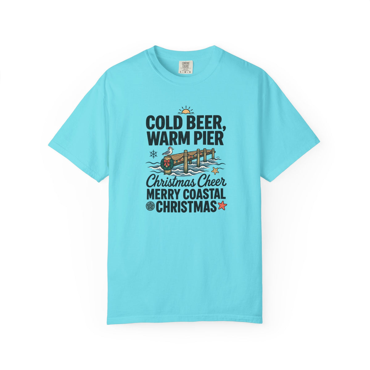 Christmas Coastal T‑Shirt — "Cold Beer, Warm Pier" Holiday Beach Tee