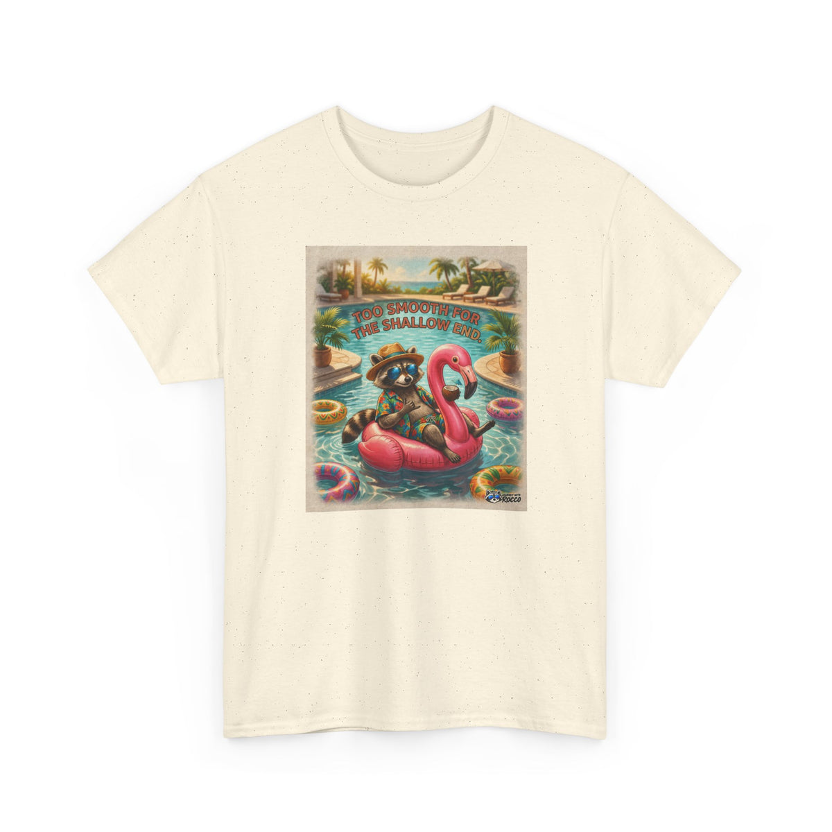 Rocco Raccoon “Too Smooth for the Shallow End” T-Shirt | Funny Summer Beach Tee | Journey with Rocco Series