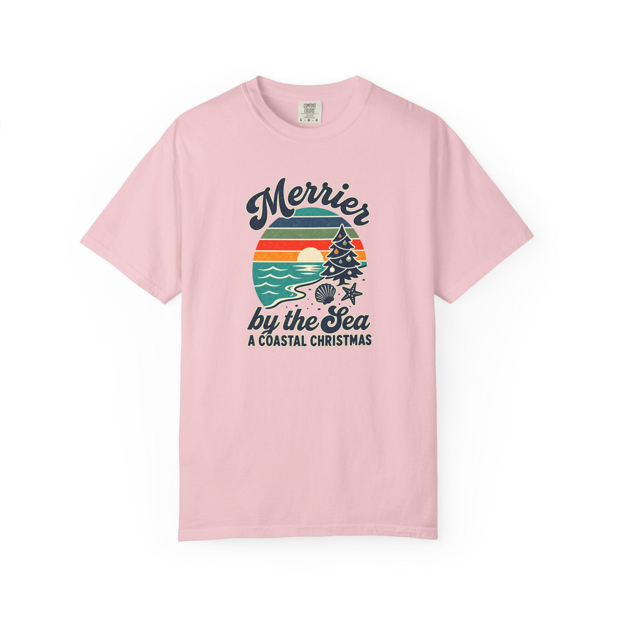 Merrier by the Sea Coastal Christmas T-Shirt | Tropical Sunset Beach Holiday Tee
