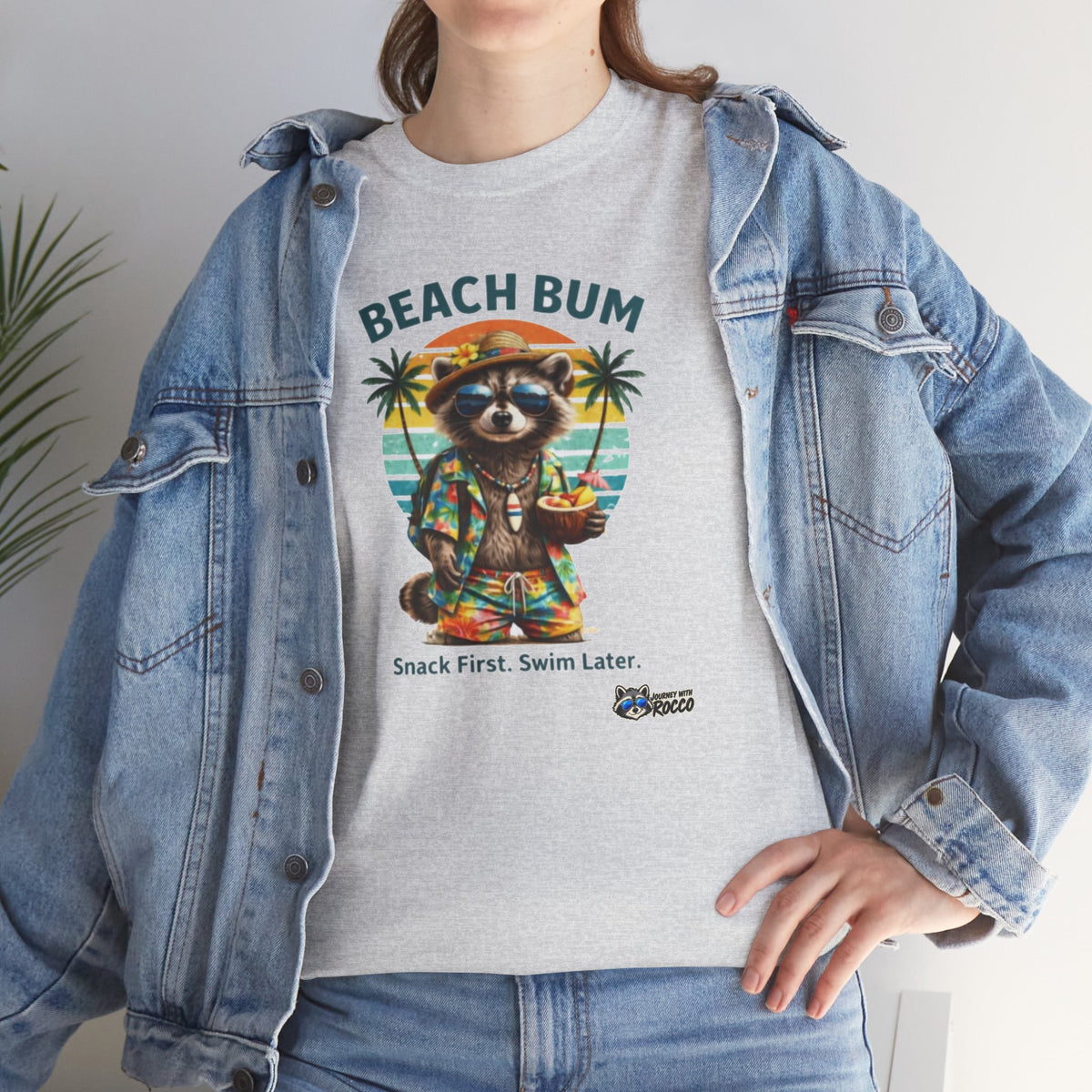 Rocco Raccoon "Beach Bum" T-Shirt | Funny Beach Humor Tee | Journey with Rocco Series