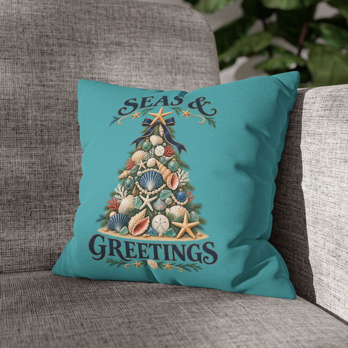 Seas and Greetings Seashell Christmas Tree Throw Pillow | Coastal Holiday Decor