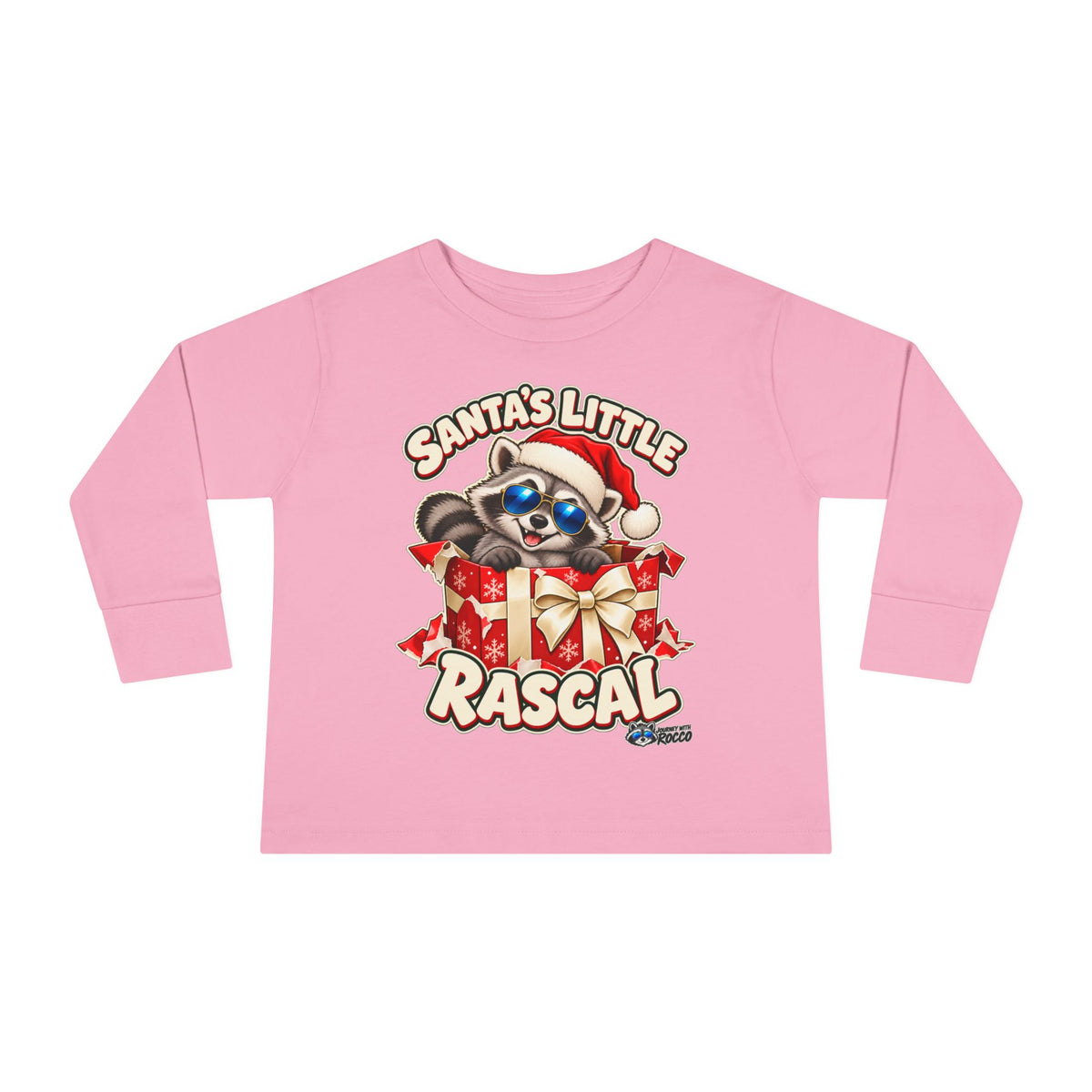 Rocco Toddler Long Sleeve Tee — "Santa's Little Rascal" Christmas Raccoon Holiday Red Gift Box Shirt