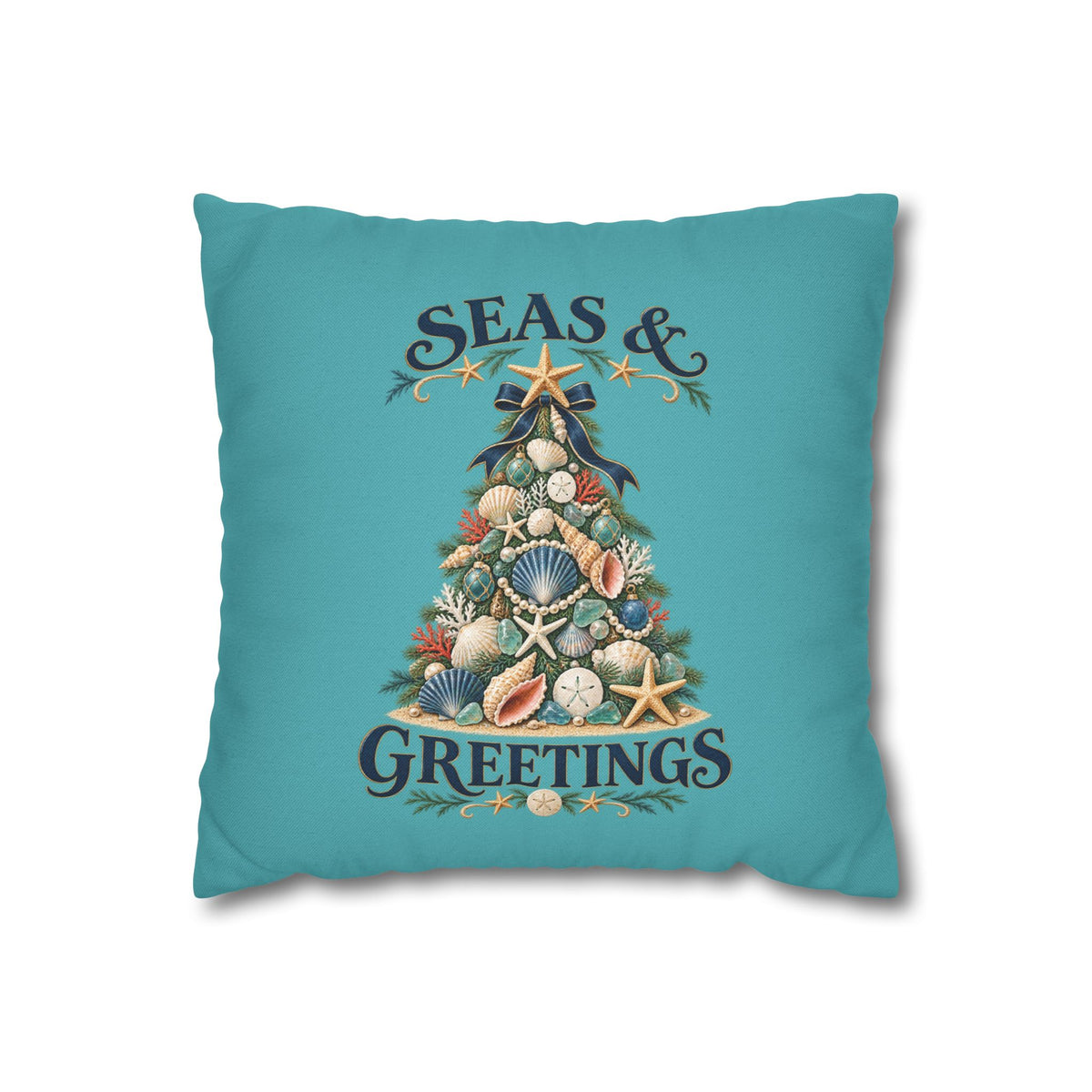 Seas and Greetings Seashell Christmas Tree Throw Pillow | Coastal Holiday Decor