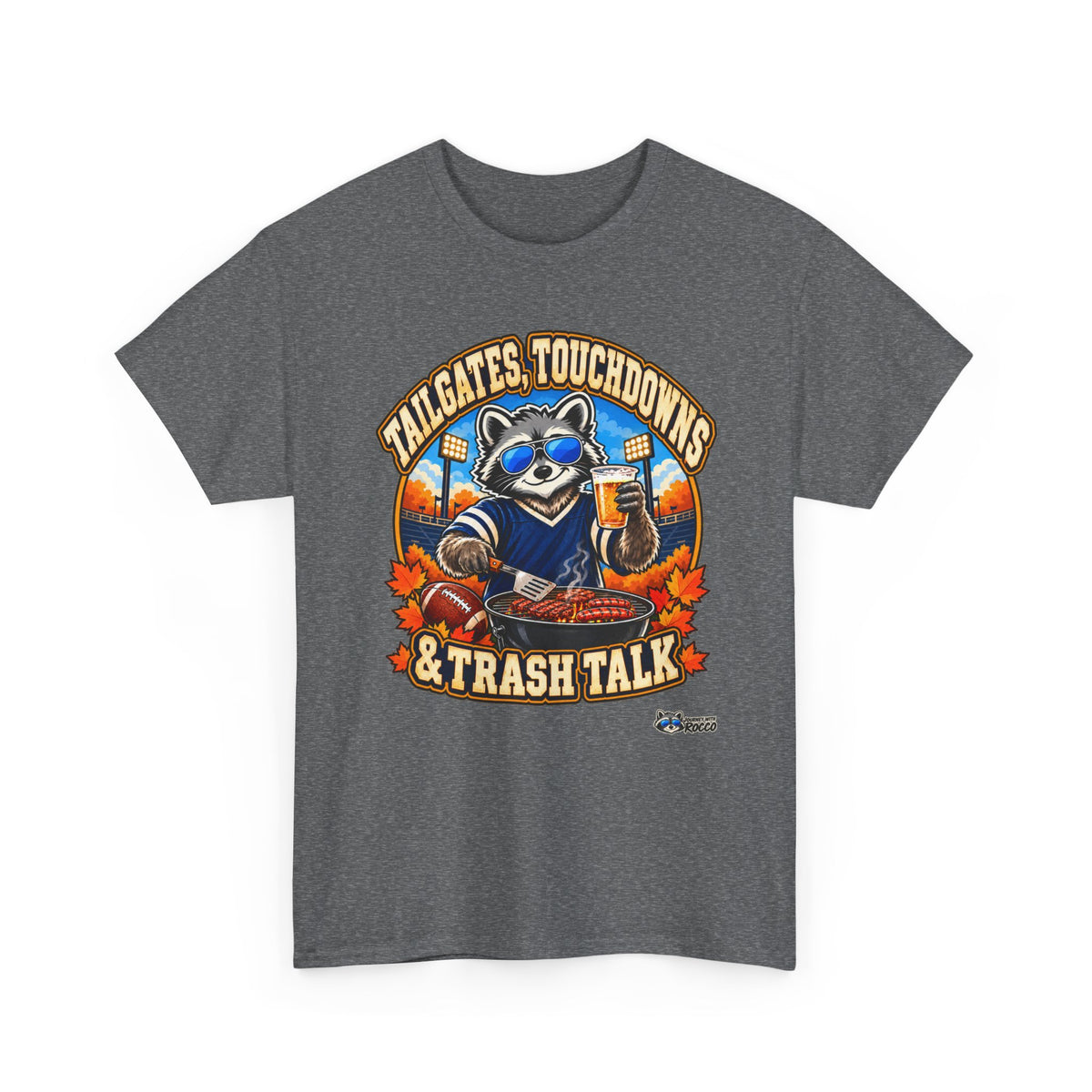 Rocco Raccoon “Tailgates, Touchdowns & Trash Talk” T-Shirt | Funny Football Tailgate Tee | Journey with Rocco Series