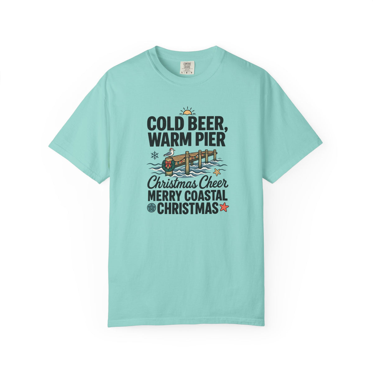 Christmas Coastal T‑Shirt — "Cold Beer, Warm Pier" Holiday Beach Tee