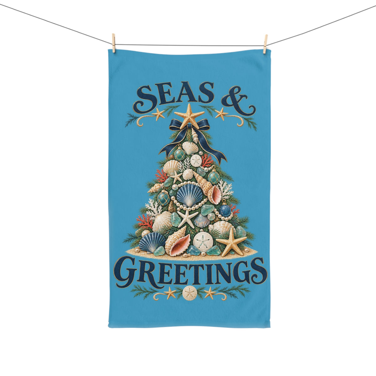 Seas and Greetings Seashell Christmas Tree Kitchen Towel | Coastal Holiday Decor
