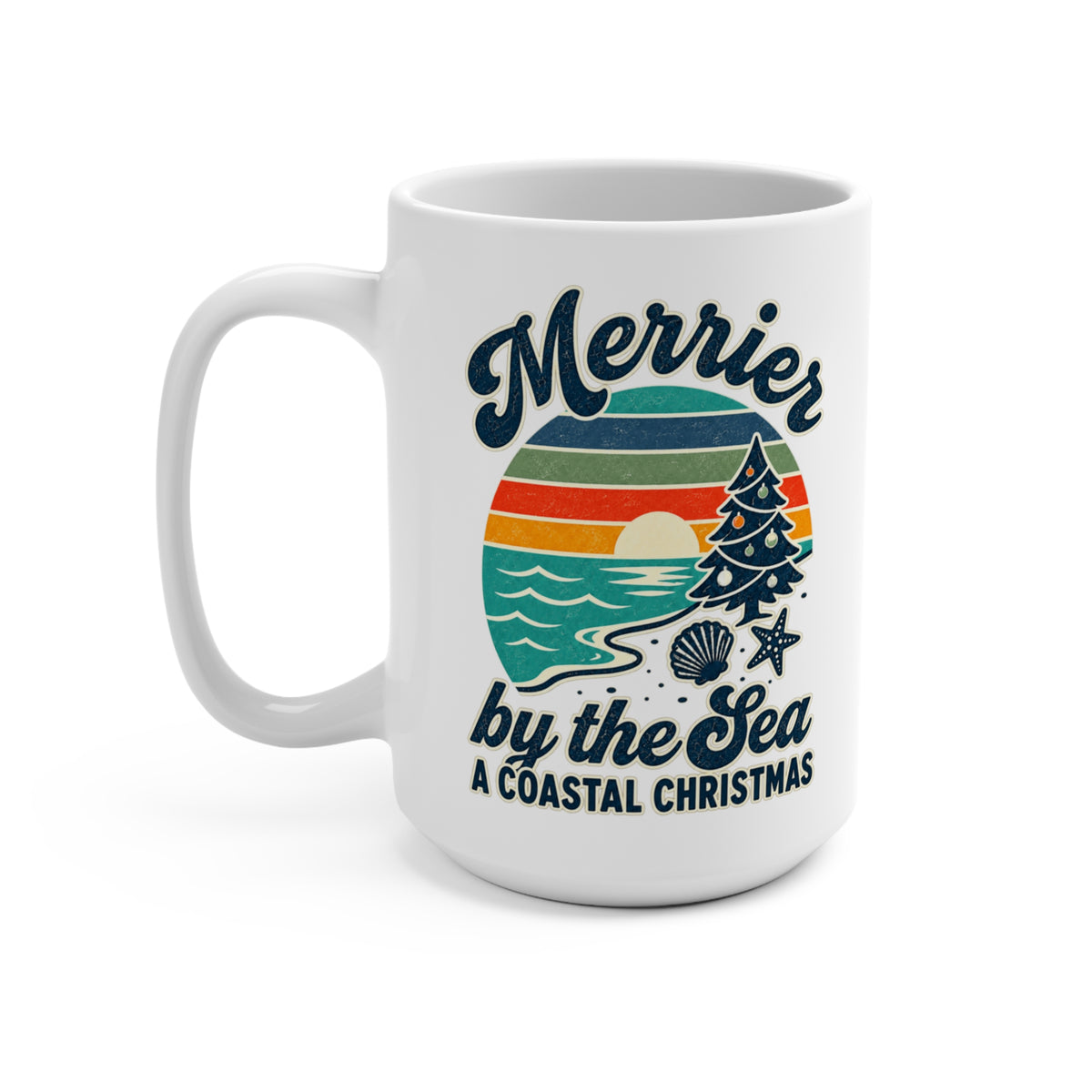 Merrier by the Sea Coastal Christmas Coffee Mug | Vintage Beach Holiday Cup
