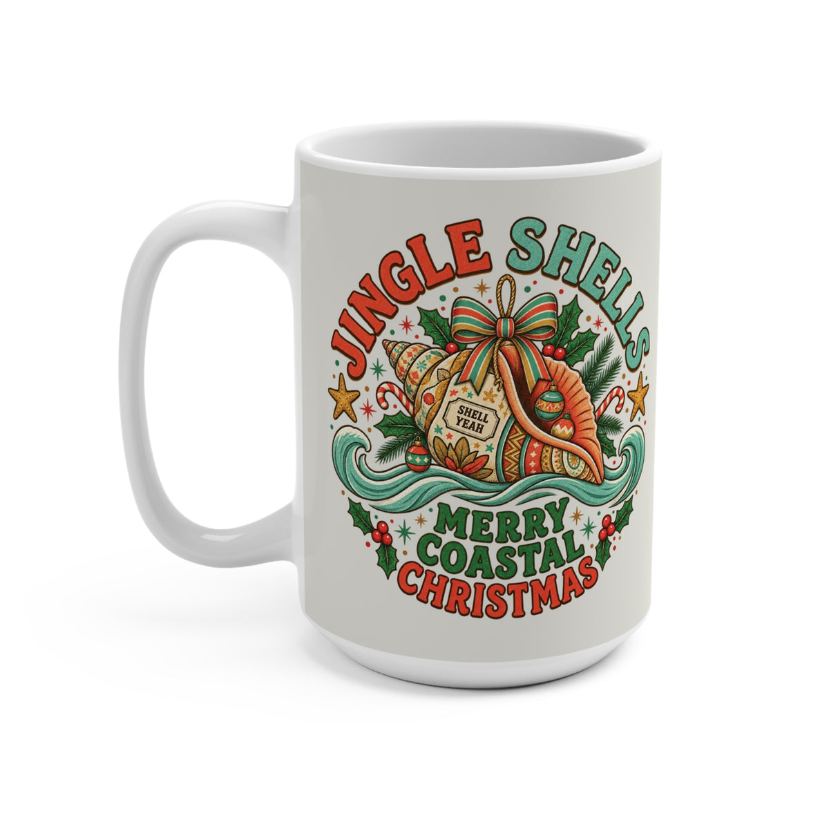 Jingle Shells Merry Coastal Christmas Coffee Mug | Beachy Holiday Ceramic Cup