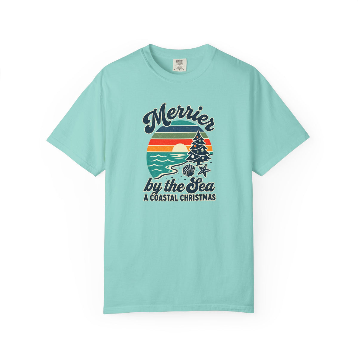 Merrier by the Sea Coastal Christmas T-Shirt | Tropical Sunset Beach Holiday Tee