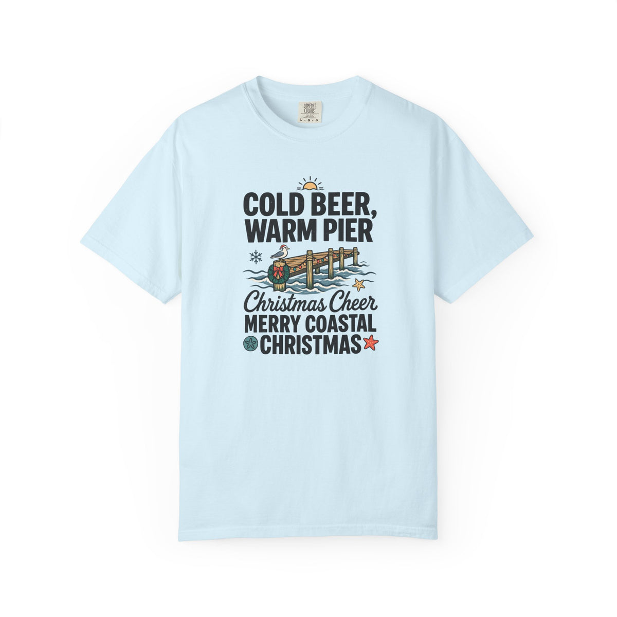 Christmas Coastal T‑Shirt — "Cold Beer, Warm Pier" Holiday Beach Tee