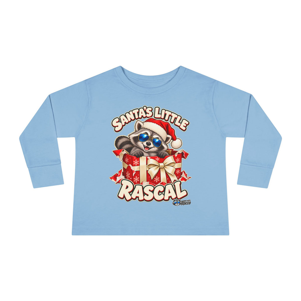 Rocco Toddler Long Sleeve Tee — "Santa's Little Rascal" Christmas Raccoon Holiday Red Gift Box Shirt