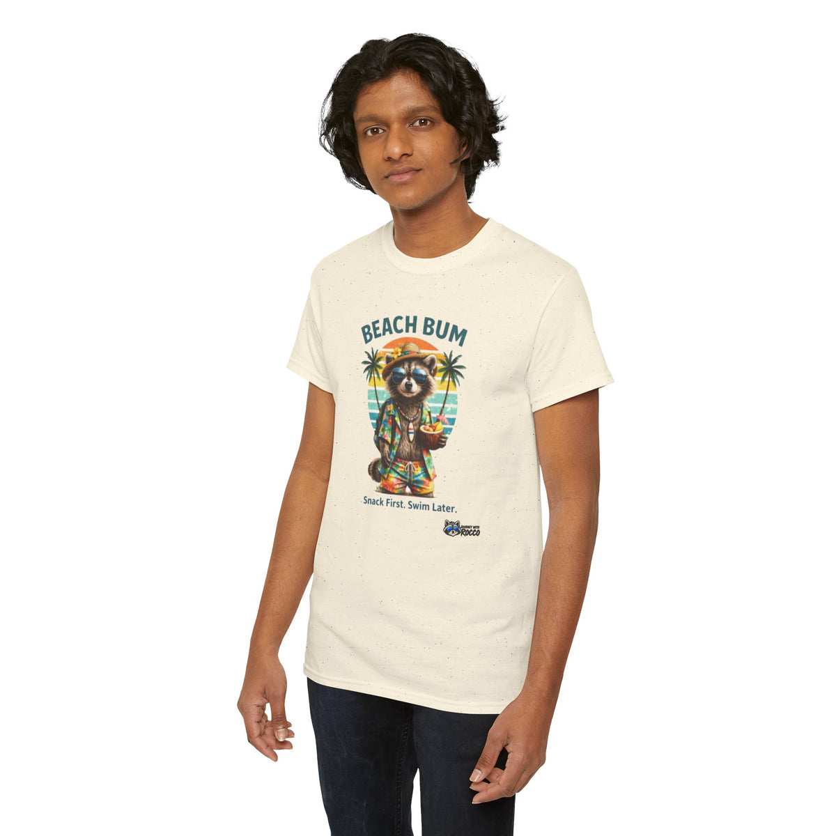 Rocco Raccoon "Beach Bum" T-Shirt | Funny Beach Humor Tee | Journey with Rocco Series