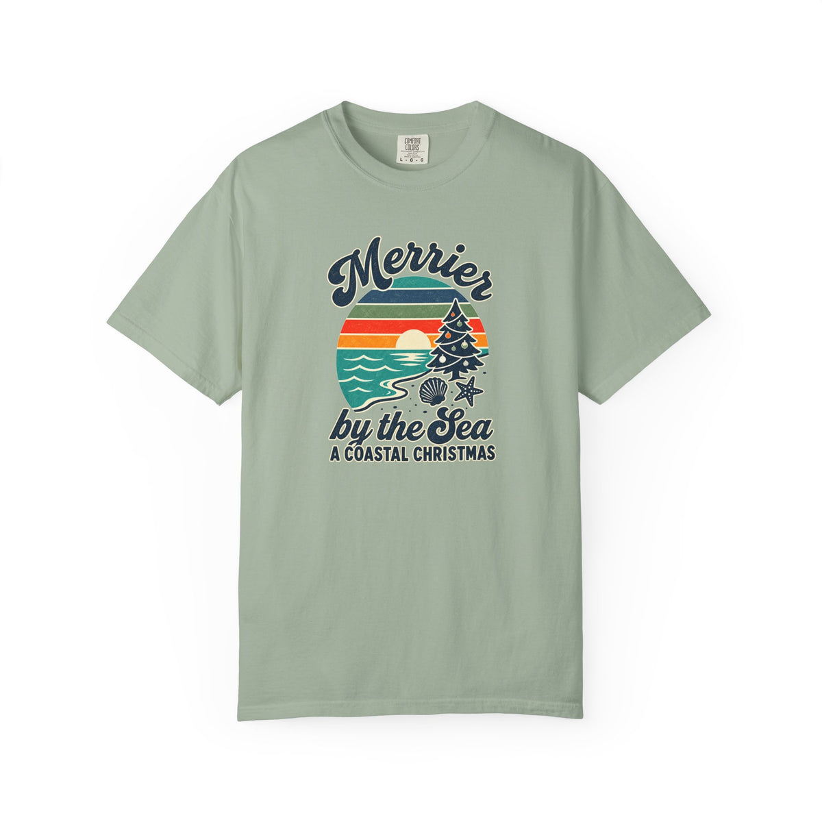 Merrier by the Sea Coastal Christmas T-Shirt | Tropical Sunset Beach Holiday Tee