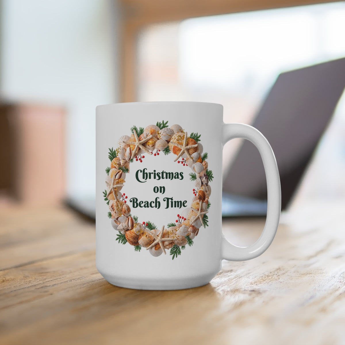 Christmas on Beach Time Seashell Wreath Mug | Coastal Holiday Coffee Cup